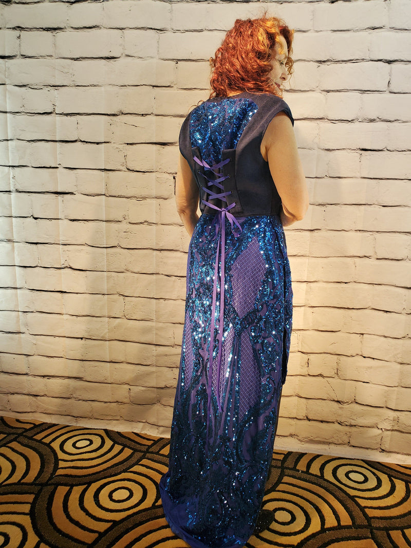 Sequin Blue Swirls of Art Deco in Glitter Lace