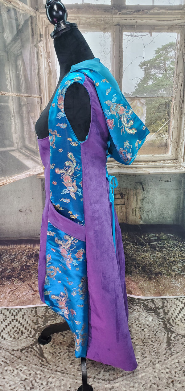 Asian Dragons and Phoenixes on Teal Brocade with Purple Suede Cloth and Hood