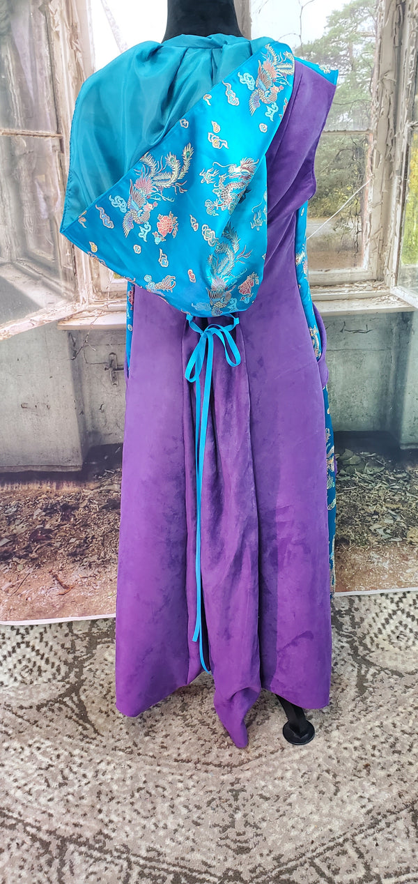 Asian Dragons and Phoenixes on Teal Brocade with Purple Suede Cloth and Hood