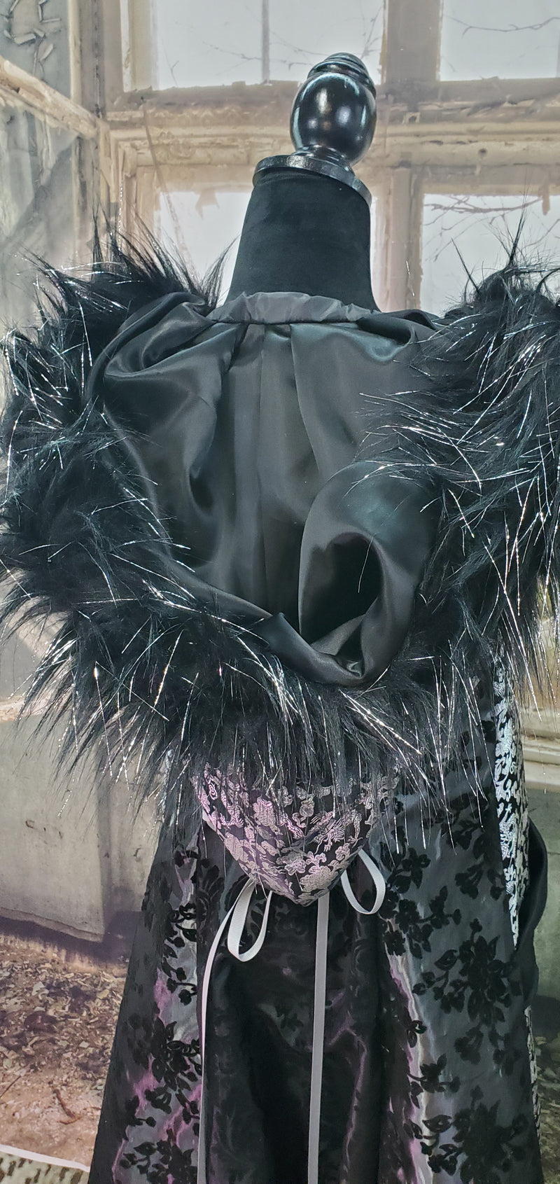 Silver Asian Dragons on Black Brocade with Silver Blacked Flocked Taffeta and Faux Fur Trimmed Hood