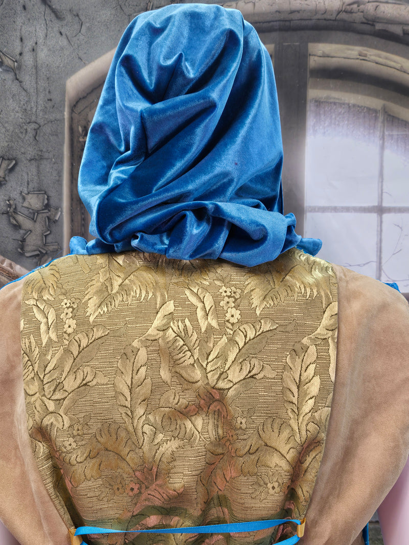 Teal Asian Floral Brocade Motif  with Gold Suede Cloth and Hood: Plus Size