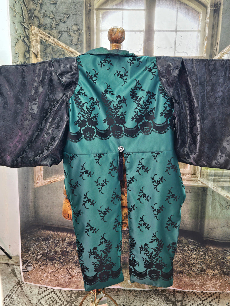 Kimono Tail in Green Black Flocked Taffeta