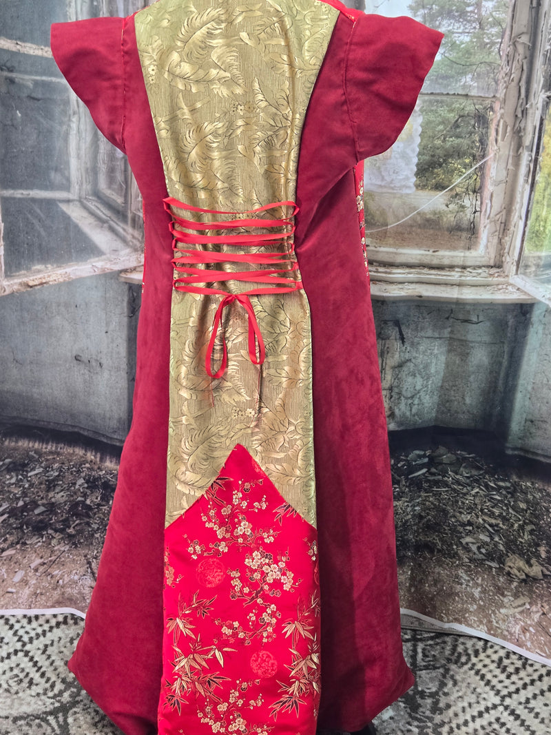 Red Brocade with Asian Floral and Gold Damask paired with Rich Red Suede Cloth