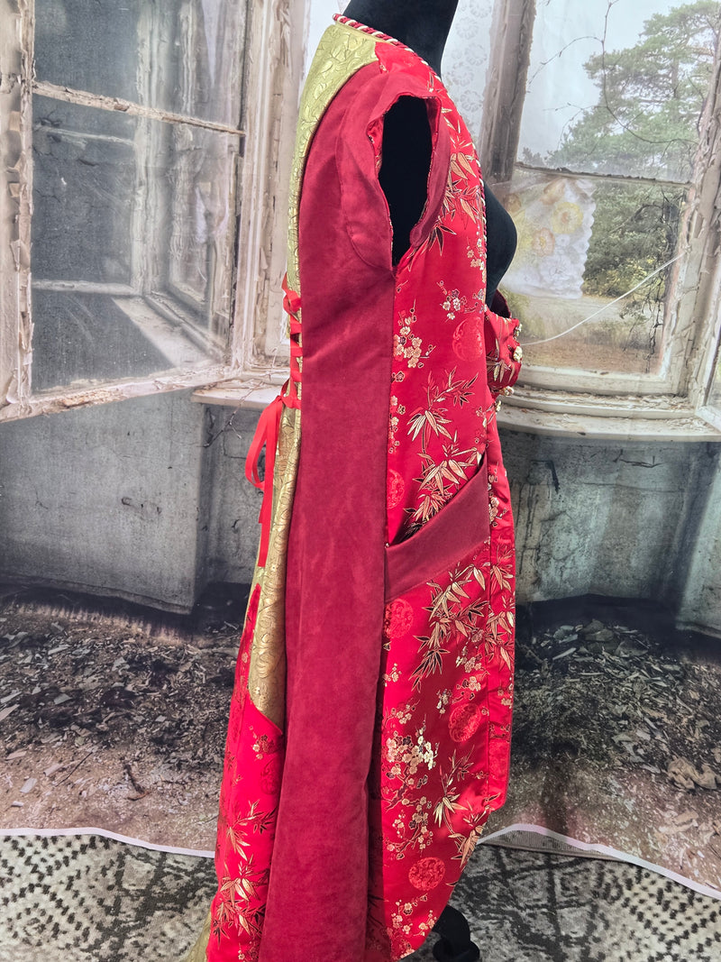 Red Brocade with Asian Floral and Gold Damask paired with Rich Red Suede Cloth