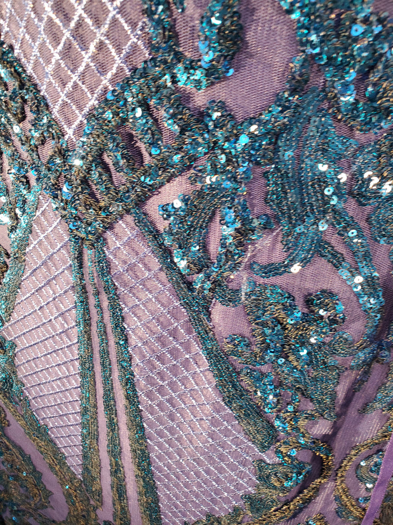 Sequin Blue Swirls of Art Deco in Glitter Lace